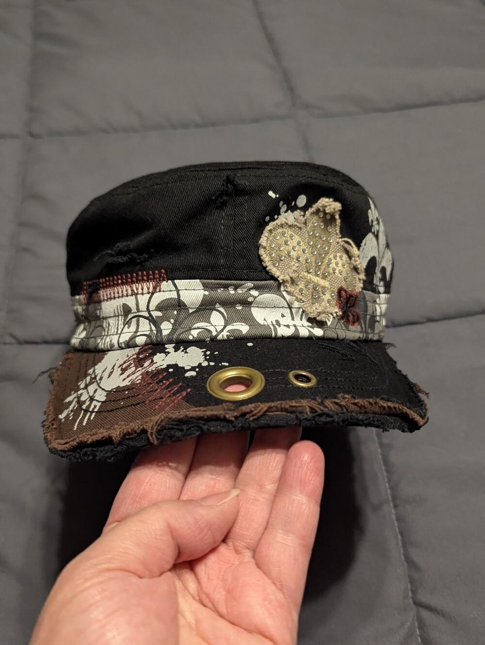 New Orleans Distressed Black Military-Style Cap with Embellished Heart